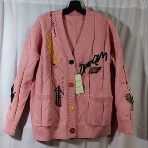 Ebossy Womens Large Pink Sweater Cardigan Cable Knit Boho Embroidered